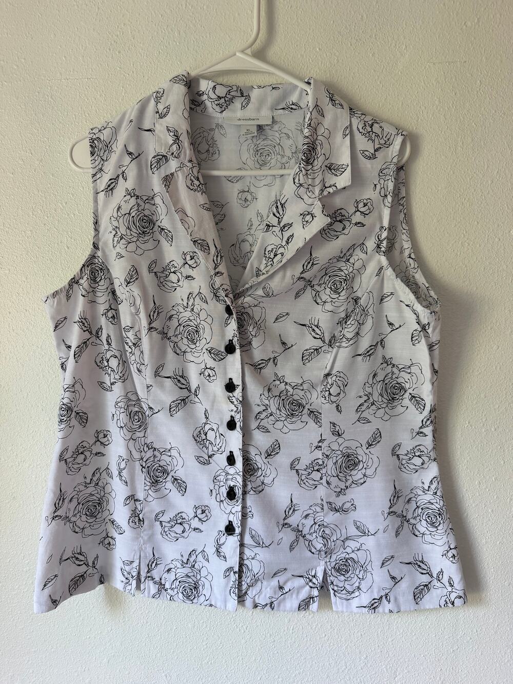 Dressbarn White Black Floral Print Sleevless Collared Button Front Blouse Sze XL
